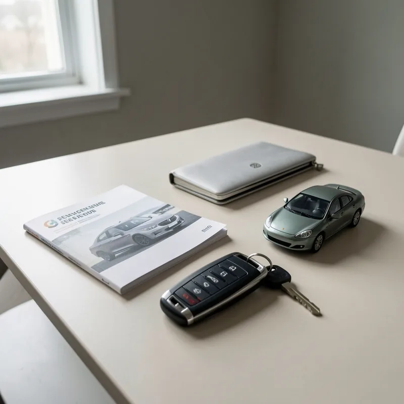 Acheteur examinant le moteur d'une voiture d'occasion lors d'un essai, carnet d'entretien à la main